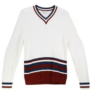 NWT Heritage Men's V-neck Pullover Sweater L White Striped Cable Knit Grandpa